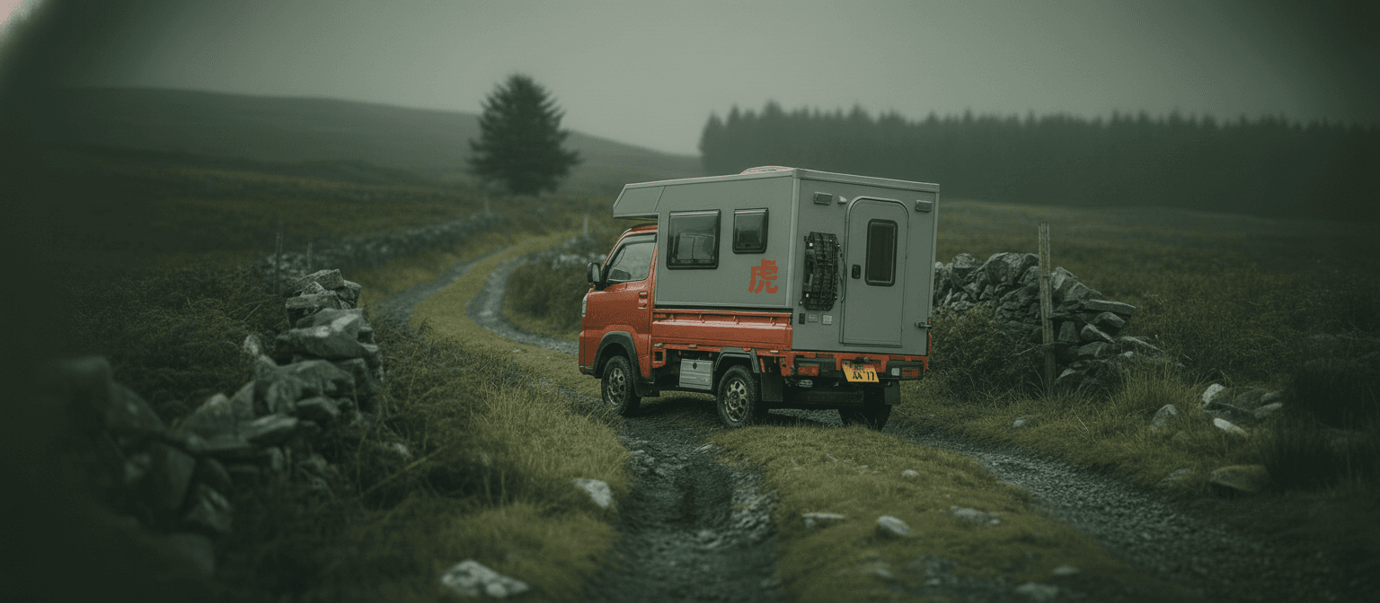 A KeiTora Overland kei truck camper on a misty UK moorland green lane